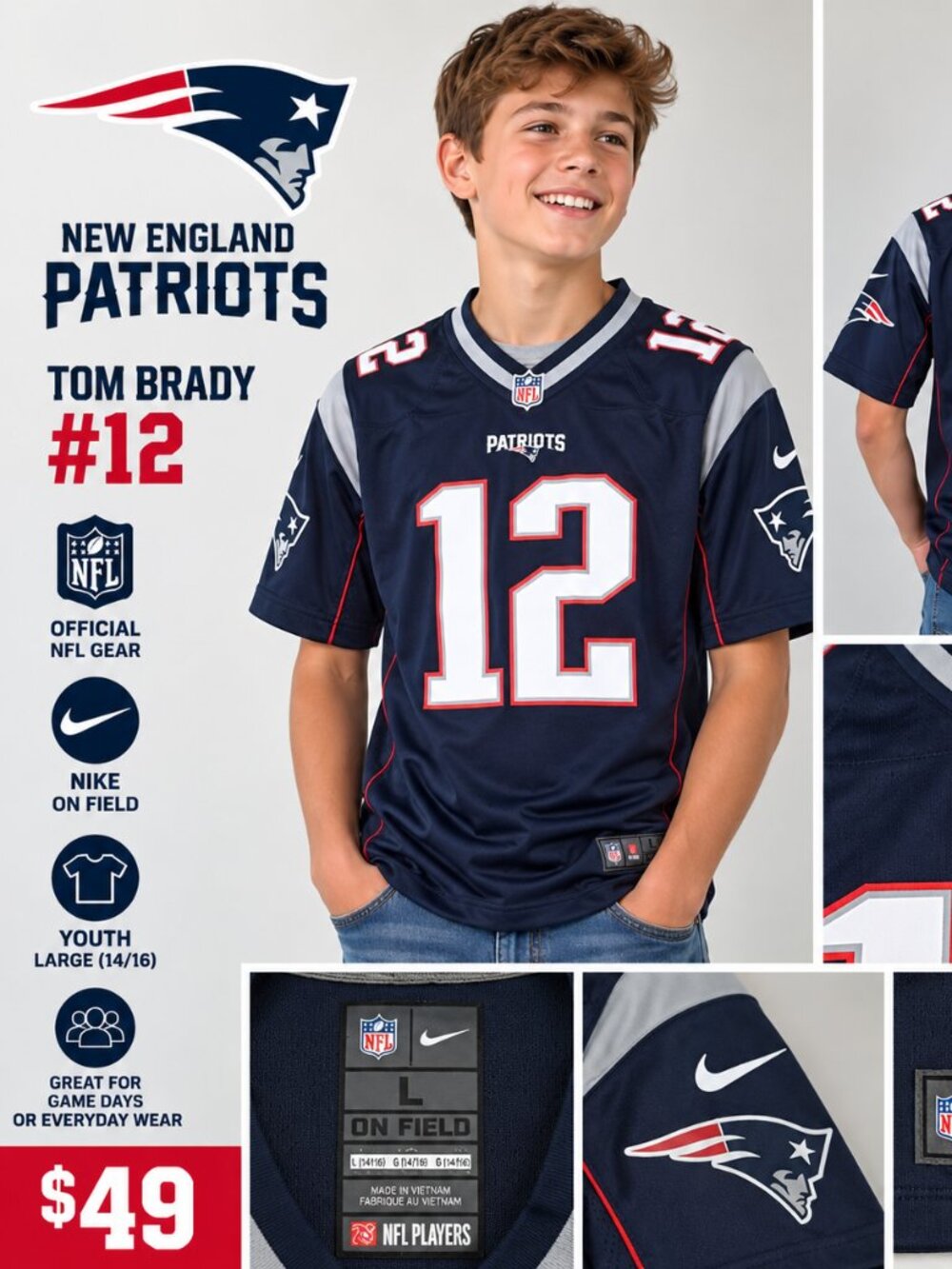 🏈🔥 TOM BRADY #12 NEW ENGLAND PATRIOTS NIKE ON FIELD JERSEY – YOUTH L 🔥🏈